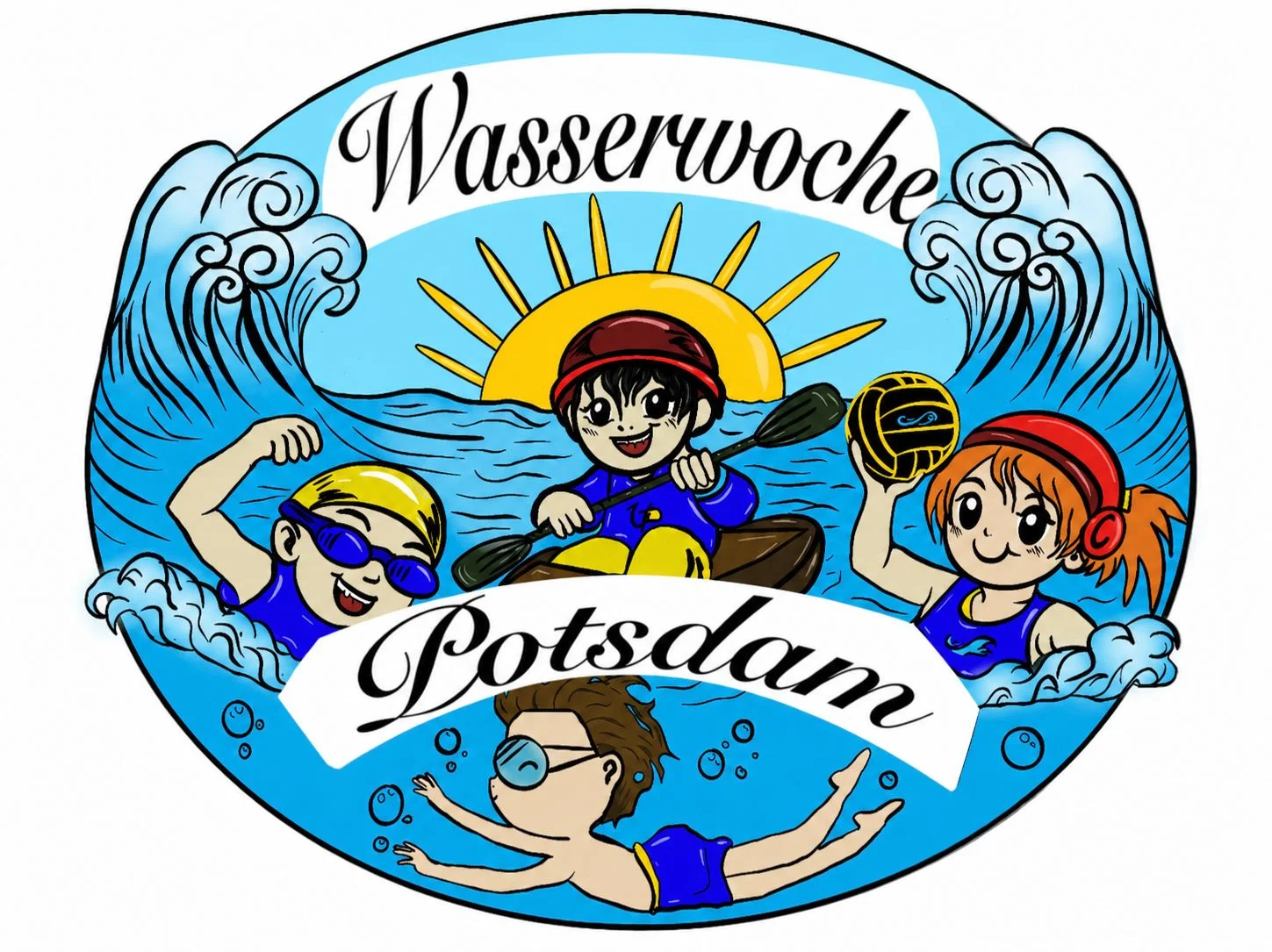 Logo der Wasserwochen Potsdam — Kinder beim Schwimmen, Paddeln und Wasserball