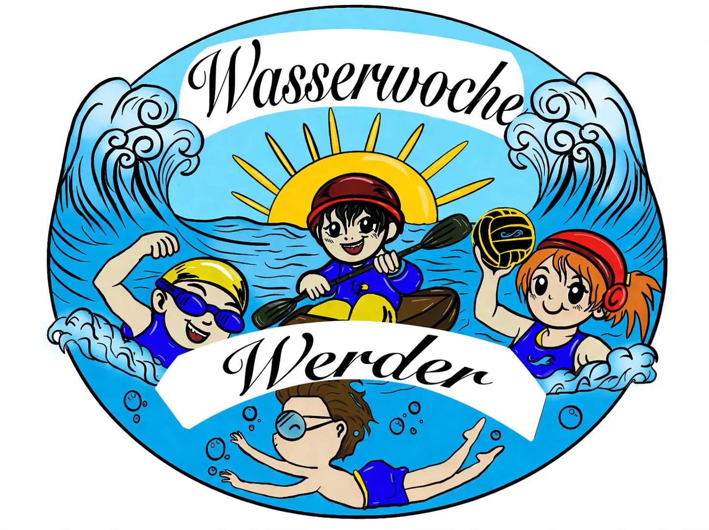 Logo der Wasserwochen Werder — Kinder beim Schwimmen, Paddeln und Wasserball
